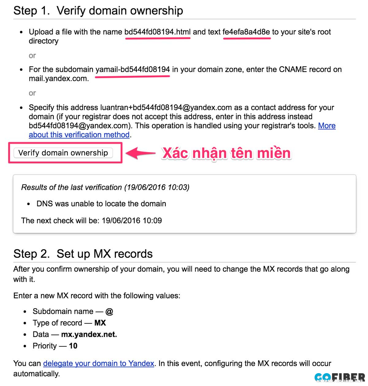 Xác thực tên miền trong Yandex mail
