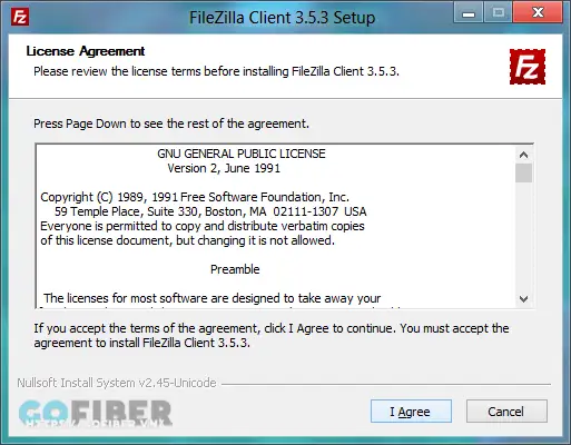 Nhấp "I Agree" để tiến hành cài đặt FileZilla Client