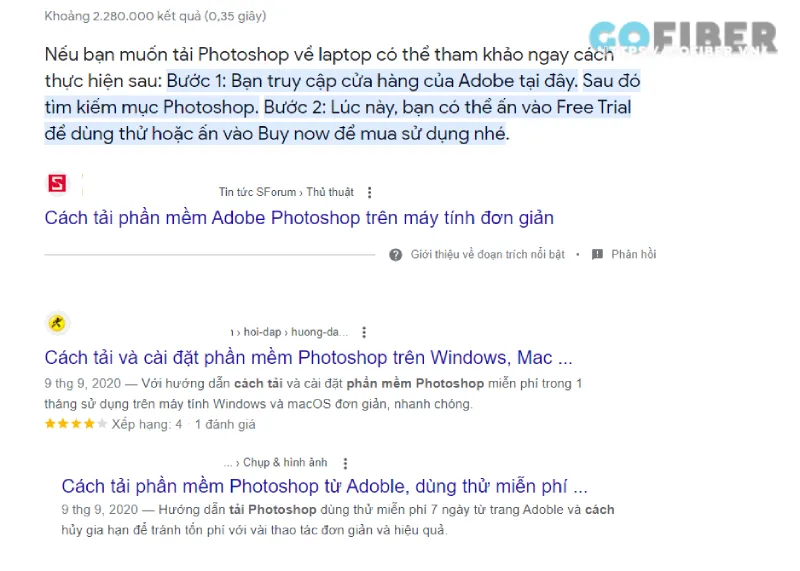 Ví dụ về các website nằm top đầu khi tìm kiếm với "Cách tải phần mềm photoshop"