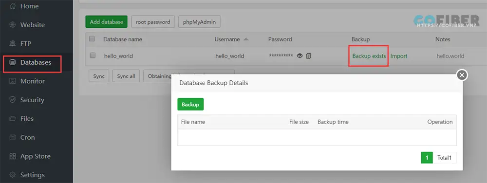Click và Backup exists và chọn Backup để sao lưu database trên aaPanel