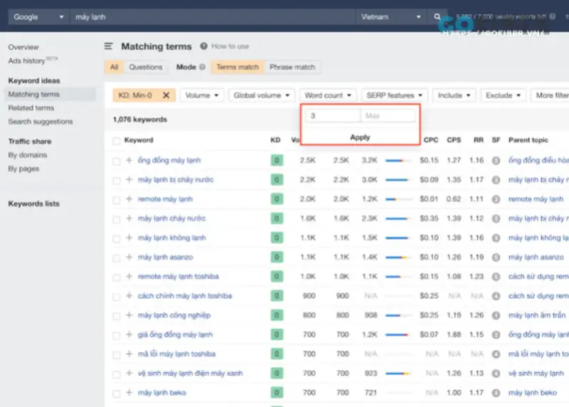 Chọn số lượng từ và click tiếp Apply