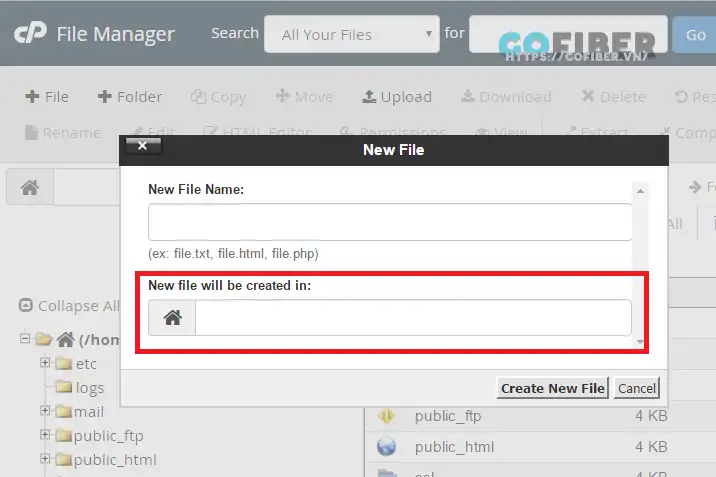 cPanel File Manager - Tạo tệp tin mới