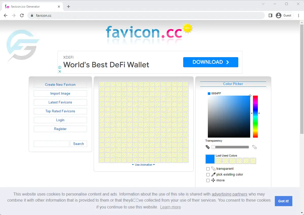 Favicon.cc cho phép bạn tạo favicon bằng cách sử dụng trình chỉnh sửa trực quan của nó. Bạn có thể vẽ và tạo biểu tượng favicon từ đầu, hoặc tải lên một hình ảnh từ máy tính của bạn và chỉnh sửa nó.