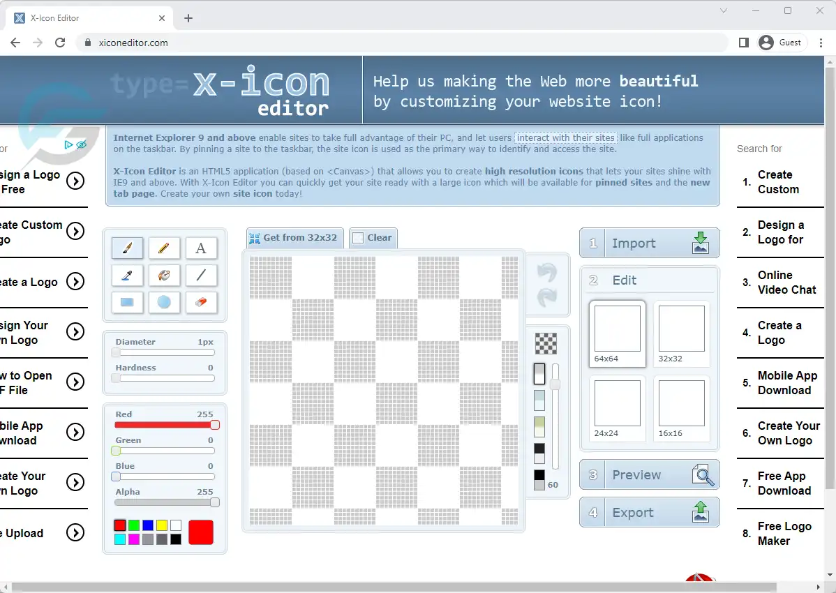 Xiconeditor.com cho phép bạn tạo favicon bằng cách tải lên hình ảnh từ máy tính hoặc chỉ định URL của hình ảnh. Bạn cũng có thể tạo một favicon mới từ đầu bằng cách sử dụng các công cụ chỉnh sửa hình ảnh trong công cụ này.
