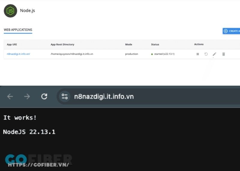 cai-dat-n8n-tren-cpanel-4.jpg Hình ảnh tạo ứng dụng trong Node.js thành công
