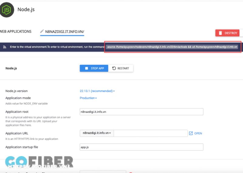 cai-dat-n8n-tren-cpanel-5.jpg Bước 1: Copy lệnh khởi động môi trường ở đầu trang Node.js