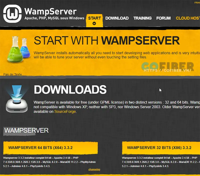 Truy cập vào trang web của WampServer và chọn phiên bản 64 bits để tải về