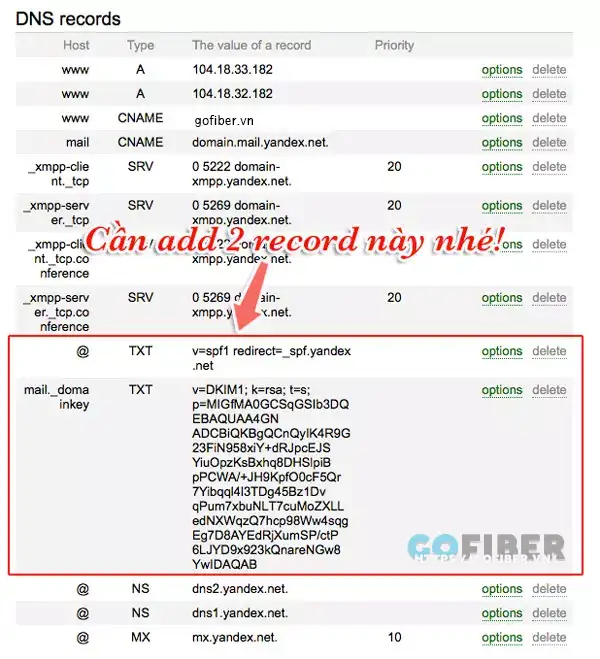 Thêm 2 records vào trang quản lý DNS