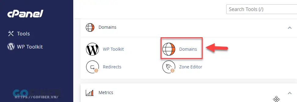 Đăng nhập vào cPanel, click chọn Domains để tiến hành thêm 1 domain alias mới
