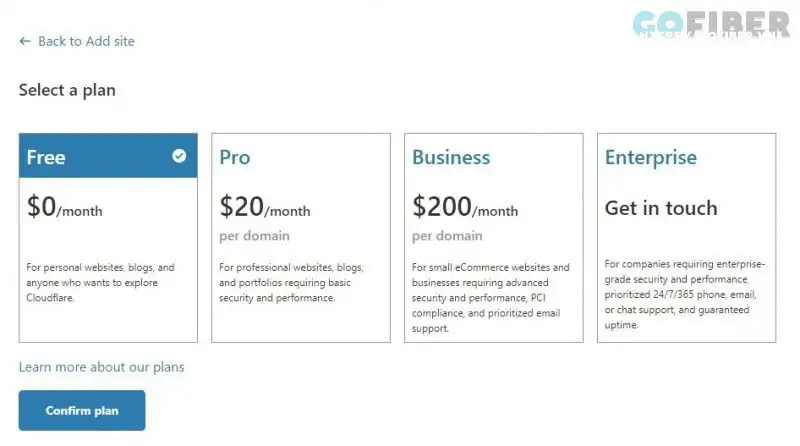 Lựa chọn gói dịch vụ miễn phí của Cloudflare