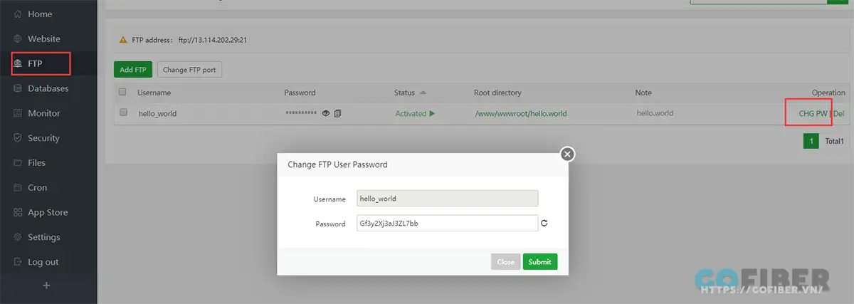 Thay đổi mật khẩu tài khoản FTP trên aaPanel