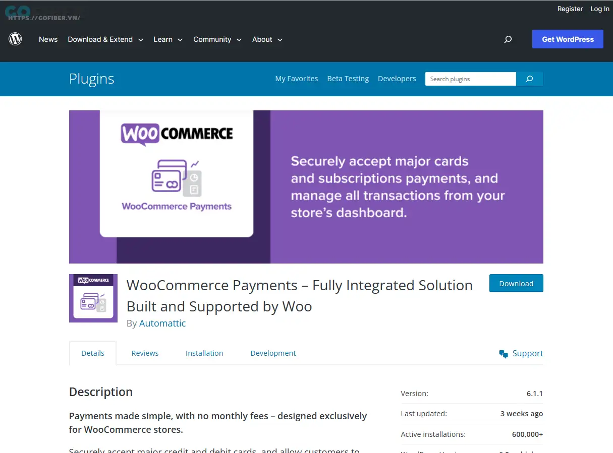 Plugin Woocommerce Payments đang có hơn 600.000 lượt kích hoạt