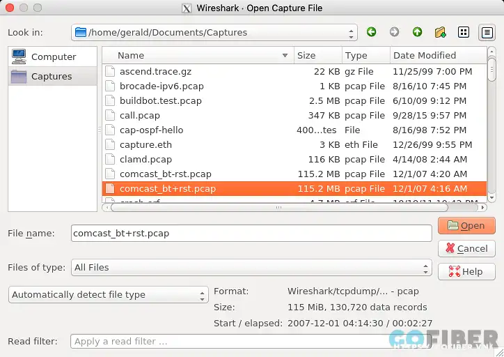 Wireshare hỗ trợ mở nhanh một file capture từ trên máy