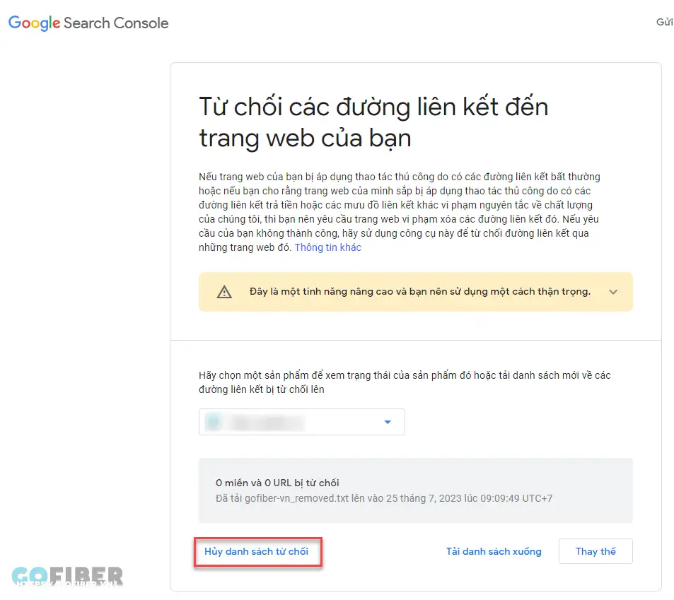 Hủy danh sách disavowing backlinks trong Google Search Console