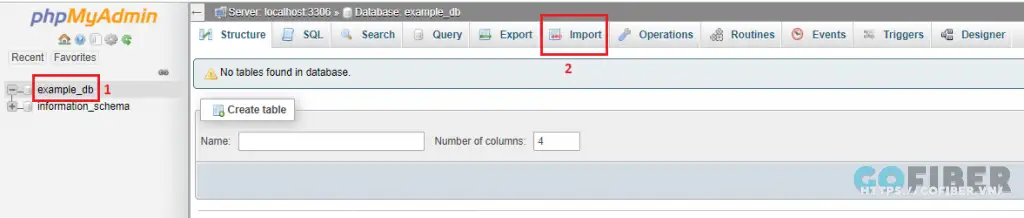 Chọn database mà bạn muốn import dữ liệu sau đó chọn tab Nhập (Import)