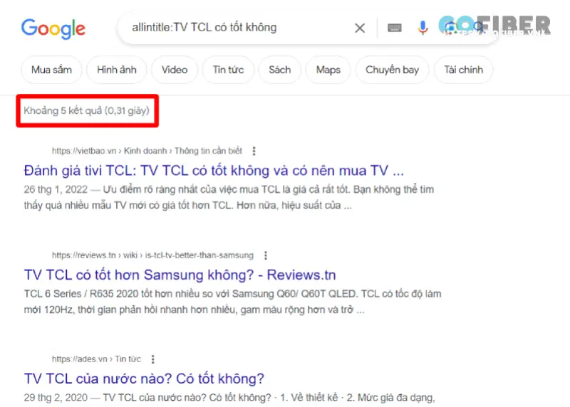 Ví dụ về keyword "allintitle:TV TCL có tốt không"