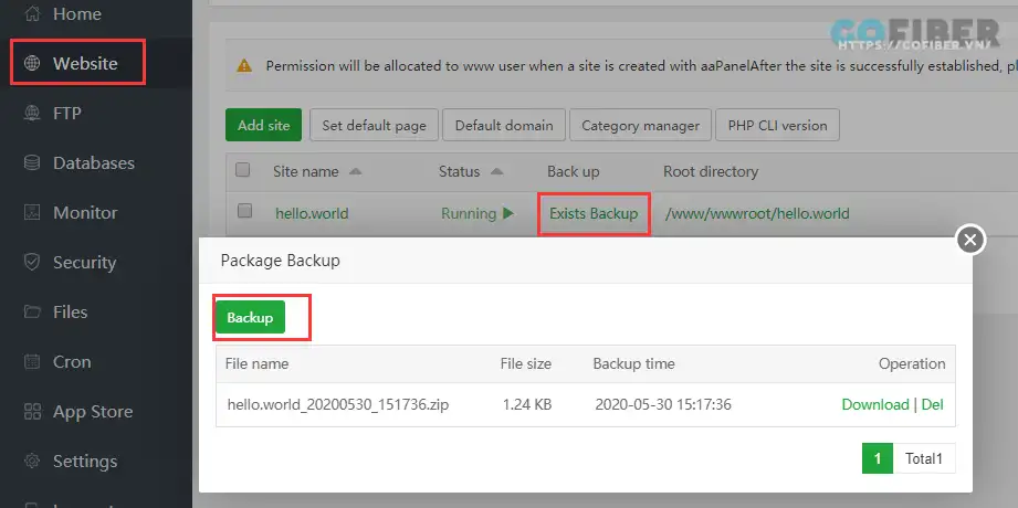 Bạn có thể thực hiện backup dữ liệu thủ công ngay tại giao diện quản lý website của aaPanel
