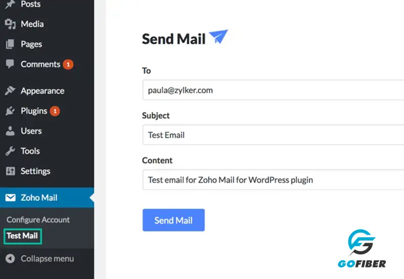 Test mail trong Zoho Mail Wordpress Plugin
