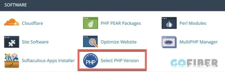 Nhấp chọn Select PHP Version tại mục SOFTWARE