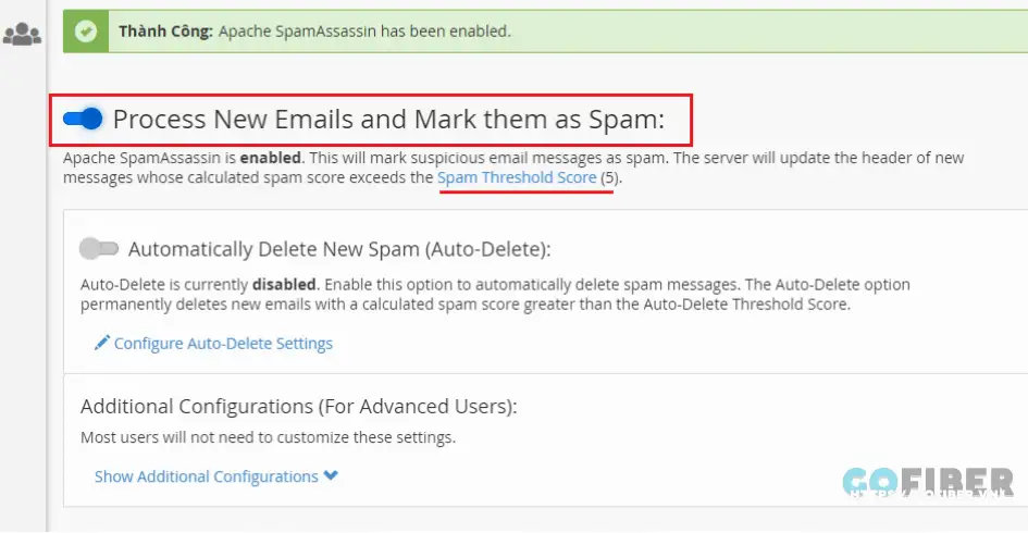 Click vào Spam Threshold Score (5) để thiết lập điểm đánh giá SPAM của thư gửi đến