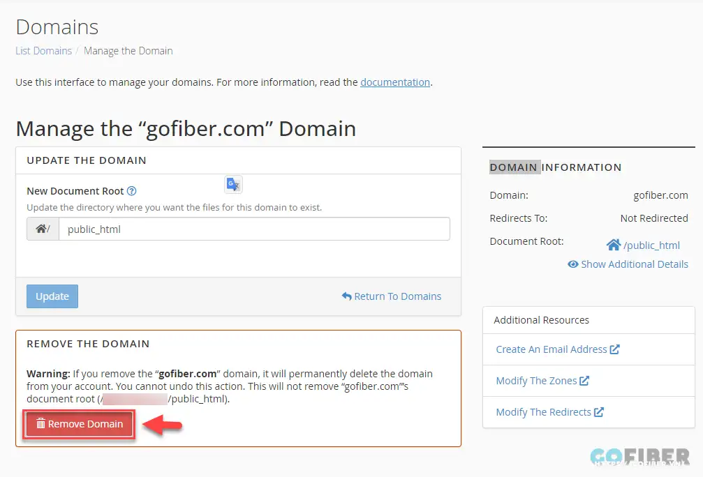 Click chọn Remove Domain để xóa domain Alias